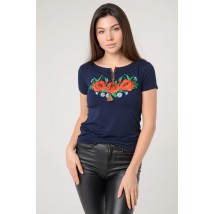Dark blue women's embroidered T-shirt for every day “Poppy Field” S