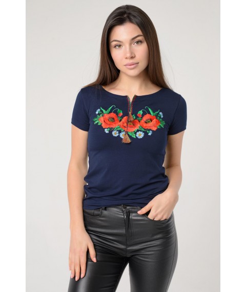 Dark blue women's embroidered T-shirt for every day “Poppy Field” M