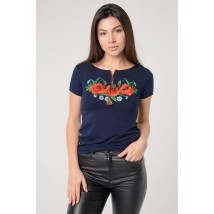 Dark blue women's embroidered T-shirt for every day “Poppy Field” L
