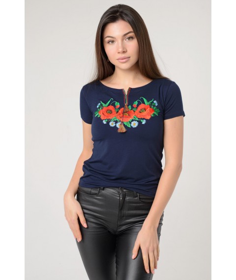 Dark blue women's embroidered T-shirt for every day “Poppy Field” XXL
