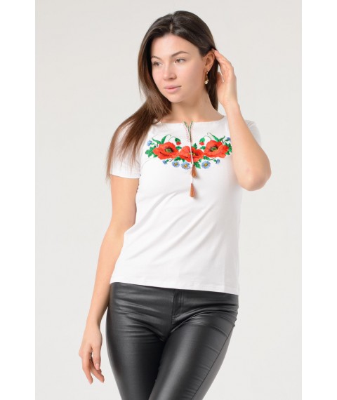 Modisches besticktes Damen-T-Shirt in wei?er Farbe mit Blumen "Mohnfeld" S