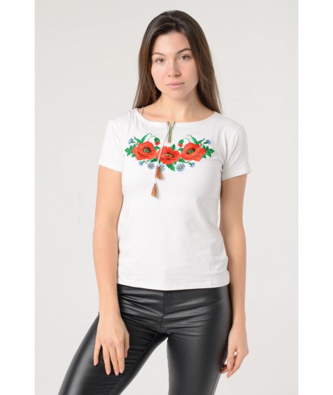 Modisches besticktes Damen-T-Shirt in wei?er Farbe mit Blumen "Mohnfeld" S