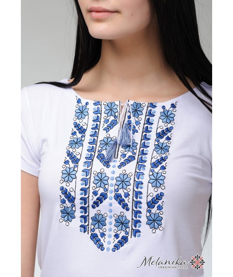 Women's Blue Natural Expression Geometric Embroidered Casual Short Sleeve T-Shirt S