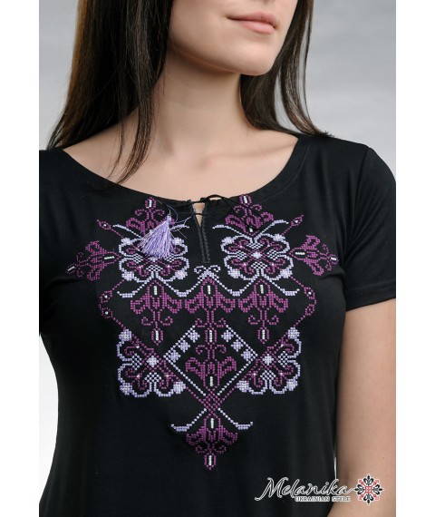 Original women's embroidered T-shirt for summer in black “Elegy (purple embroidery)” S