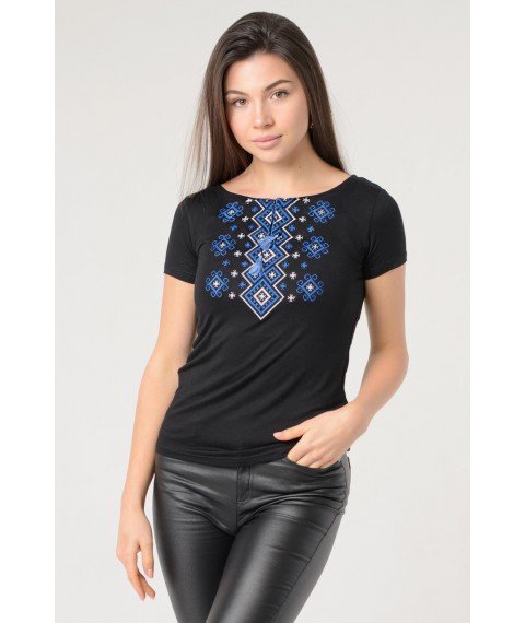 Black women's embroidered shirt with a wide neck in black “Carpathian ornament (blue embroidery)” XL