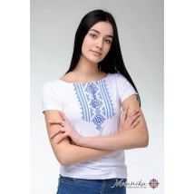 Вышитая футболка для девушки в белом цвете с геометрическим орнаментом «Гуцулка (голубая вышивка)» S