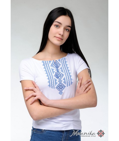 Embroidered T-shirt for a girl in white with a geometric pattern “Hutsulka (blue embroidery)” L