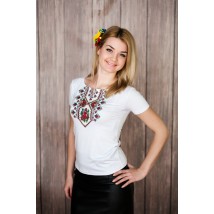 Women's embroidered T-shirt in white with a geometric pattern "Poppies-cross"