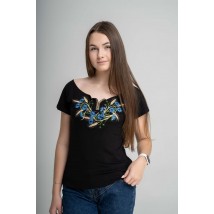 Women's embroidered T-shirt with a wide neck "Cornflowers and ears of corn"