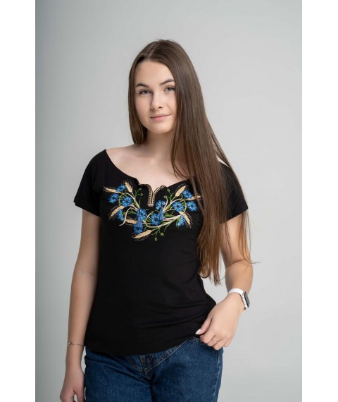 Women's embroidered T-shirt with a wide neck "Cornflowers and ears of corn" XL
