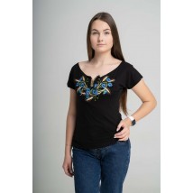 Women's embroidered T-shirt with a wide neck "Cornflowers and ears of corn" L