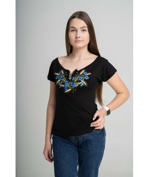 Женская вышитая футболка с широкой горловиной "Васильки и колосья" L