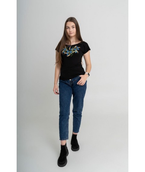 Women's embroidered T-shirt with a wide neck "Cornflowers and ears of corn" L