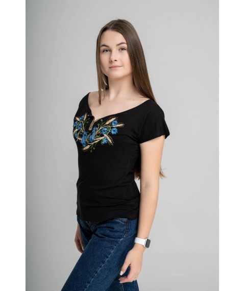 Women's embroidered T-shirt with a wide neck "Cornflowers and ears of corn" XL