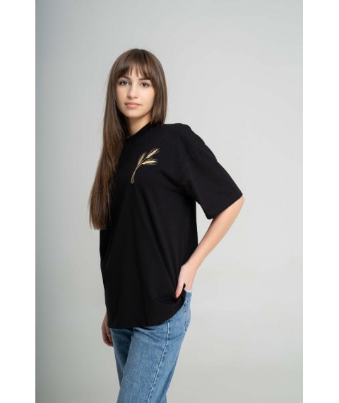 Casual Black Women's T-Shirt with Wheat Embroidery L-XL
