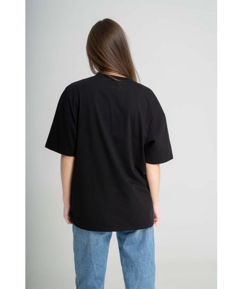 Casual Black Women's T-Shirt with Wheat Embroidery L-XL