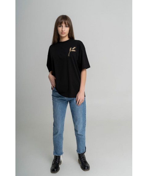 Повседневная черная женская футболка с вышивкой "Пшеница" L-XL