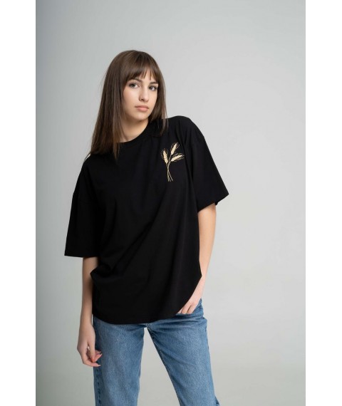 Повседневная черная женская футболка с вышивкой "Пшеница" XXL-3XL