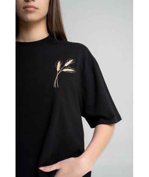 Повседневная черная женская футболка с вышивкой "Пшеница" XXL-3XL