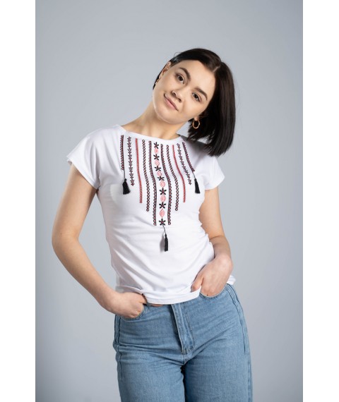 Classic white women's T-shirt with Ukrainian ornament “Necklace”
