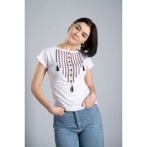 Classic white women's T-shirt with Ukrainian ornament “Necklace” XS