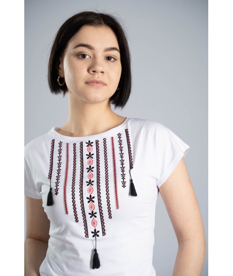 Classic white women's T-shirt with Ukrainian ornament “Necklace” XS