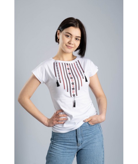 Classic white women's T-shirt with Ukrainian ornament “Necklace” L
