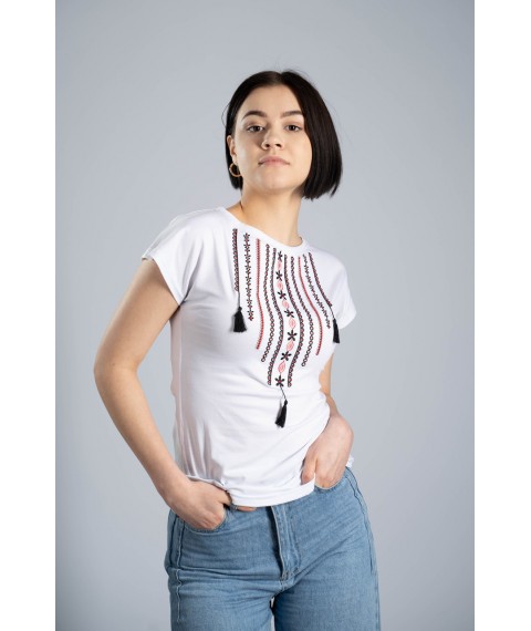 Classic white women's T-shirt with Ukrainian ornament “Necklace” XL
