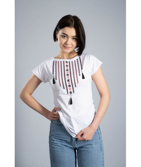 Classic white women's T-shirt with Ukrainian ornament “Necklace” XXL