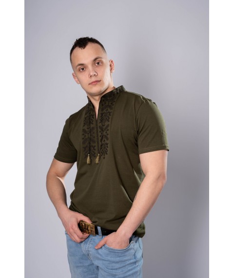 Stylish men's T-shirt with embroidery on the chest in dark green color "Trident"