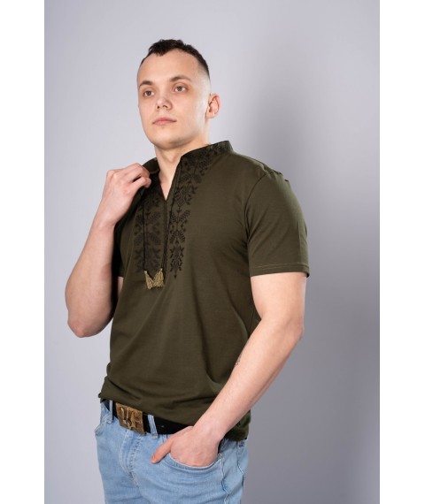 Stylish men's T-shirt with embroidery on the chest in dark green color "Trident"