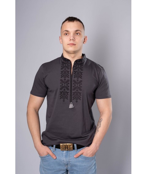 Embroidered men's T-shirt in gray with a geometric pattern "Trident" XL