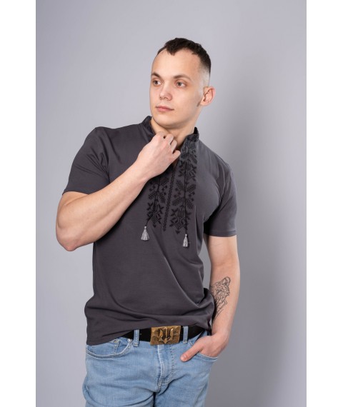 Вышитая мужская футболка в сером цвете с геометрическим орнаментом "Тризуб" XL
