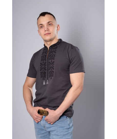 Вышитая мужская футболка в сером цвете с геометрическим орнаментом "Тризуб" M