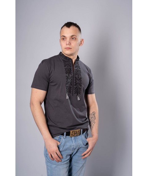 Вышитая мужская футболка в сером цвете с геометрическим орнаментом "Тризуб" XL