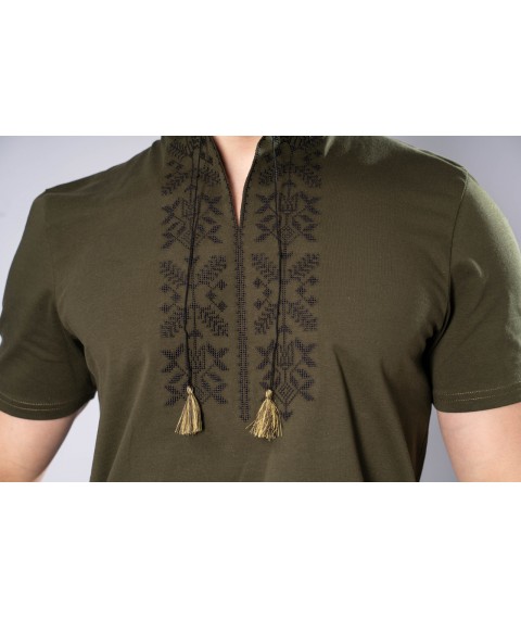 Stylish men's T-shirt with embroidery on the chest in dark green color "Trident" XL