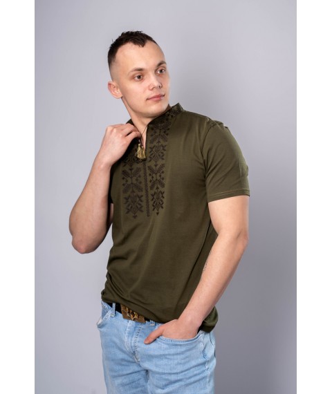 Stylish men's T-shirt with embroidery on the chest in dark green "Trident" M