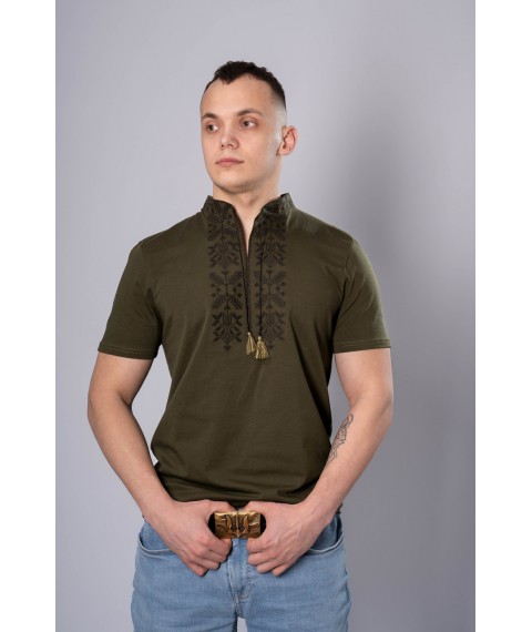 Stylish men's T-shirt with embroidery on the chest in dark green color "Trident" 3XL