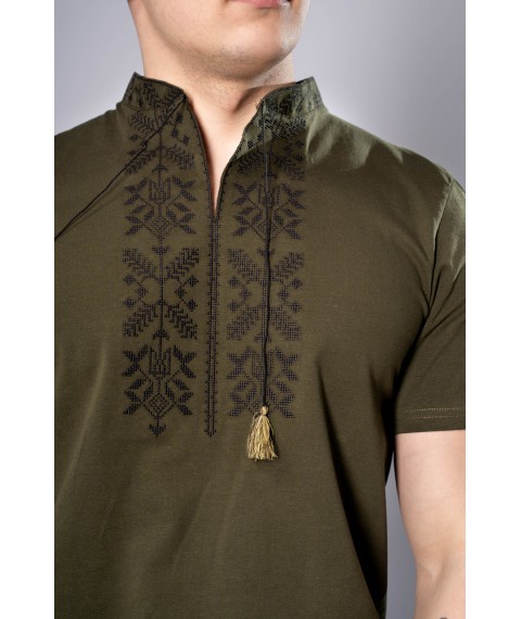 Stylish men's T-shirt with embroidery on the chest in dark green color "Trident" XXL