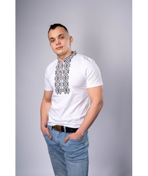 Мужская вышитая футболка "Гетьман" белая с серым