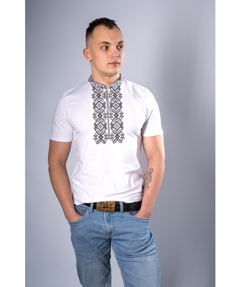 Украинская мужская вышитая футболка "Гетьман" белая с серым 3XL