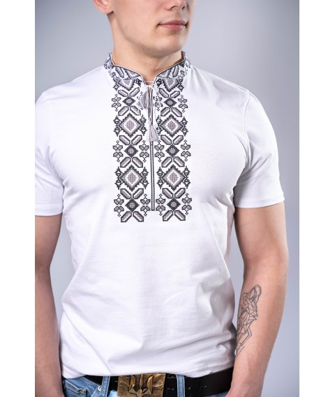 Украинская мужская вышитая футболка "Гетьман" белая с серым 3XL