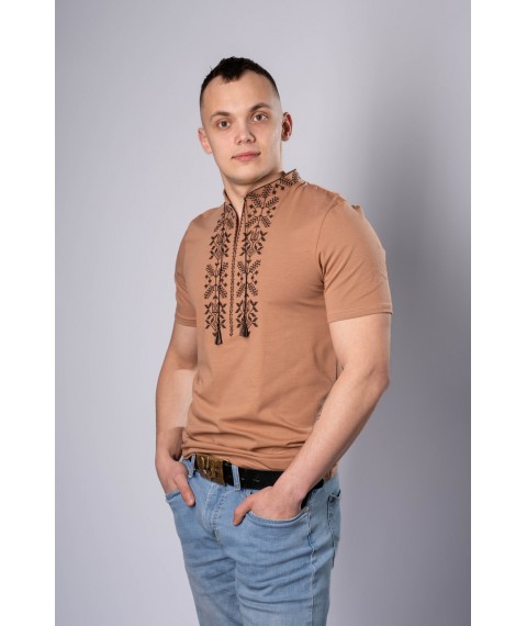 Traditional men's embroidered T-shirt in beige color "Trident" XL