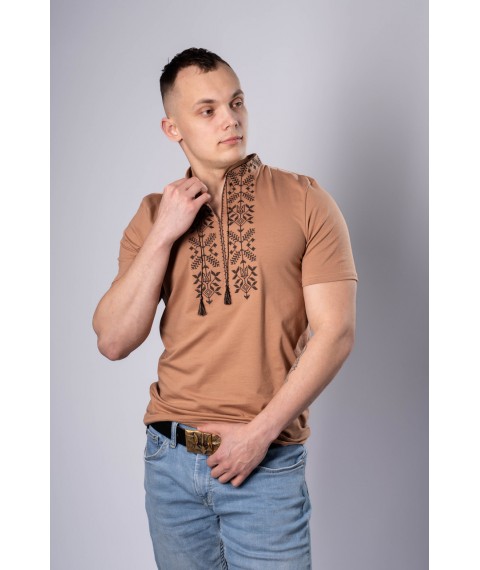 Traditional men's embroidered T-shirt in beige color "Trident" XXL