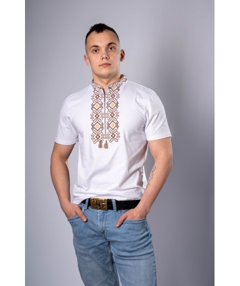 Современная мужская вышитая футболка "Гетьман" белая с коричневым