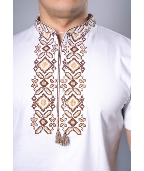 Modern men's embroidered T-shirt "Hetman" white and brown