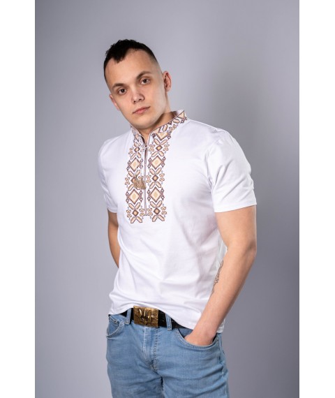 Modern men's embroidered T-shirt "Hetman" white with brown 3XL