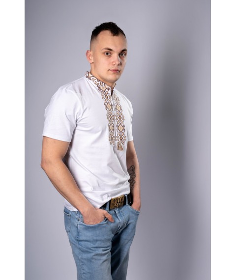 Modern men's embroidered T-shirt "Hetman" white with brown XL