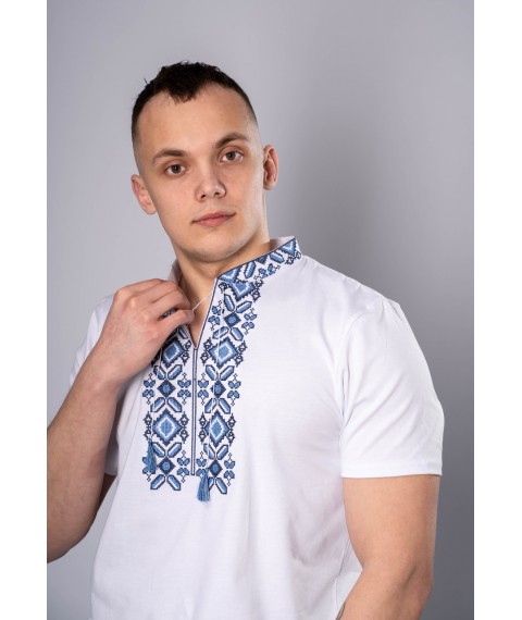 Fashionable men's embroidered T-shirt "Hetman" white with blue L