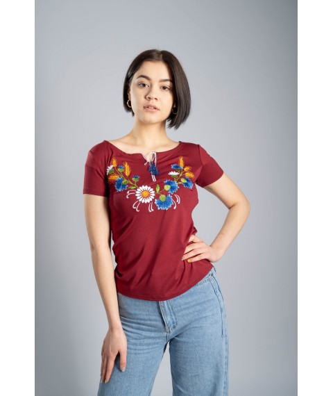 Women's burgundy T-shirt with floral embroidery "Wreath"